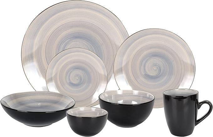 Stoneware Sonoma Dinnerware Set, Black + Speckled Spin Wash (56pc Set, Mix Grey, Orange, Purple, Turquoise)