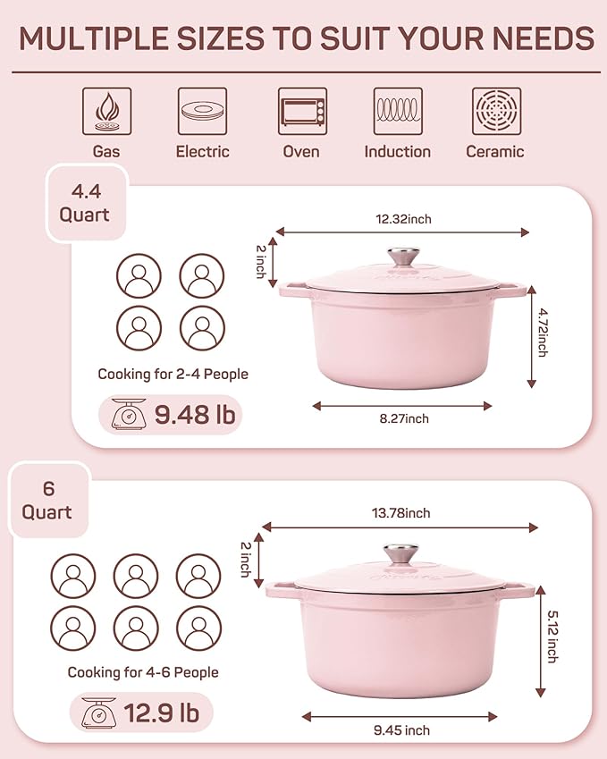 Enameled Cast Iron Dutch Oven ??4.4 Quart Pot with Lid & Potholders ??Heavy-Duty Cookware for Bread Baking, Braising, Stews & Roasting ??Oven & Stovetop Safe up to 500째F ??Pink