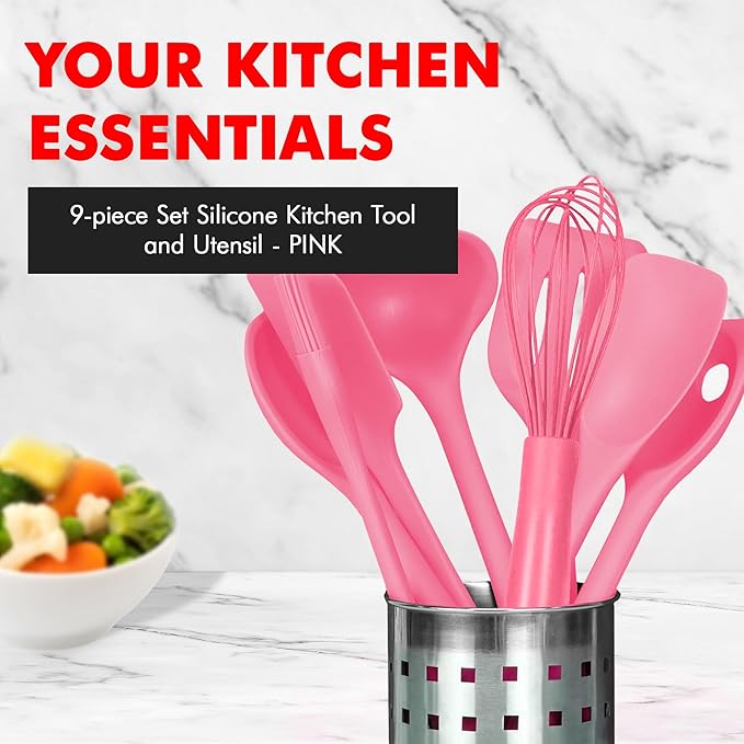 Chef Craft - Premium Silicone Kitchen Tools and Utensils Set, Non-Scratch, Withstands Temperatures up to 450째F, BPA-Free, 9 Piece Cooking Utensils Set, Pink