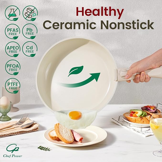 Chef Power Ceramic Cookware Set Non Toxic with Detachable Handles, Healthy Nonstick Pans and Pots Set 19 Pcs, Induction Dishwasher Oven Safe Kitchen Set, PFAS PFOA & PTFE Free, Cream White