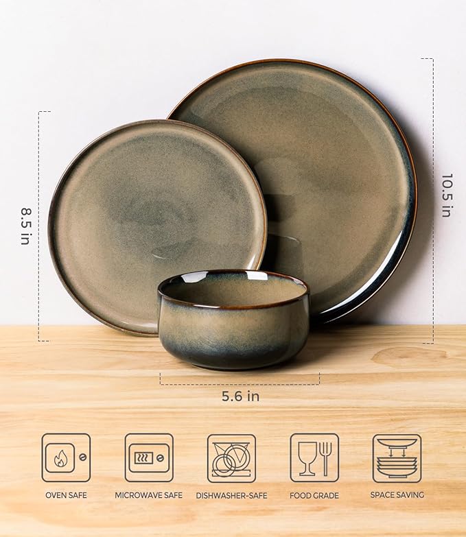 TheTerra Ceramic Dinnerware Sets for 4, 12 Pieces Handmade Reactive Glaze Plates and Bowls Set, Scratch Resistant Dish Set, Oven & Microwave & Dishwasher Safe