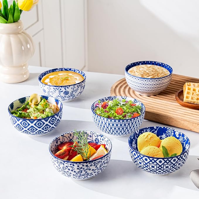 Cerkik Ceramic Dessert Bowls Set - 11 Oz Small Ice Cream Bowl for kitchen - 4.7 Inch Porcelain Cereal Bowl for Fruits, Salad, Side Dishes, Ramen - Microwave Dishwasher Safe - Set of 6 - Vintage Blue
