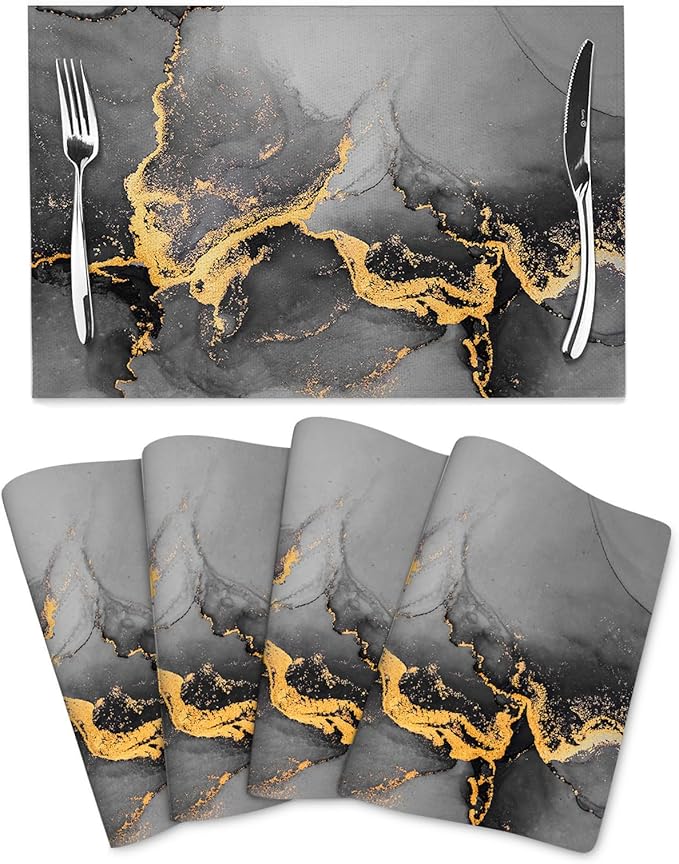 Black Gray Gold Marble Placemats Set of 4 Linen Decorative Table Mat for Dining Table Kitchen Farmhouse Outdoor Home Decor 12"x18" Abstract Modern Place Mats