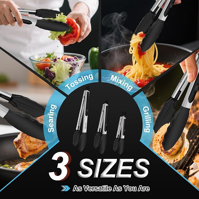 Kitchen Tongs with Silicone Tips - Heat Resistant 600째F Stainless Steel Cooking Tong Set, Non-Stick 7" 9" 12" Locking Silicone Tongs for Cooking, Grilling, Serving & Baking (3-Piece, Black)