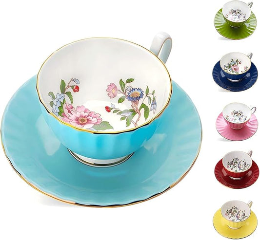 Aynsley Pembroke Glaze Oban 2-Piece Fine Bone China Teacup & Saucer - 6oz (180ml), Handpainted Floral with Gold Trim - Vintage Gift Set-Turq