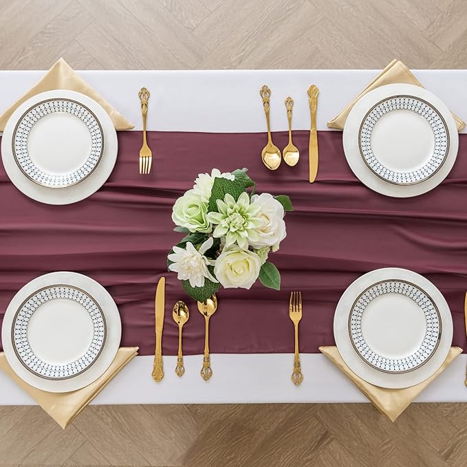 flohar 6Pack 9ft Christmas Chiffon Table Runner 14x108 Inch Sheer Romantic Table Runner for Wedding Birthday Party Bridal Shower Outdoor Decoration -Burgundy