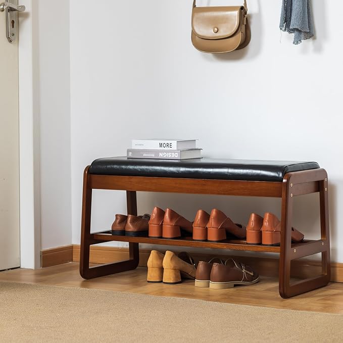 SOBIBO Solid Wood Shoe Bench, 2-Tier Entryway Bench with Cushion and Flip-Open Storage Box, Mid-Century Modern Shoe Bench Rack for Hallway, Mudroom(Black, 31.5'')