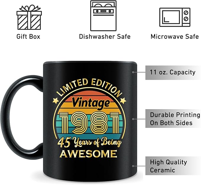 QUPT 45th Birthday Gifts for Women Men, 45th Birthday Gifts for Him, 1981 Birthday Gifts for Women Men, 45 Years Old Gifts, 1981 Birthday Gifts for Her Him, 45th Birthday Presents Coffee Mug