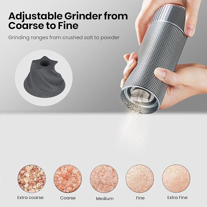WhiteRhino Professional Salt Grinder Mill or Pepper Grinder,Heavy Duty High Output Aluminum Pepper Salt Refillable,Pepper Spice Grinder with Ceramic Burrs and 12 Adjustable Coarseness Settings