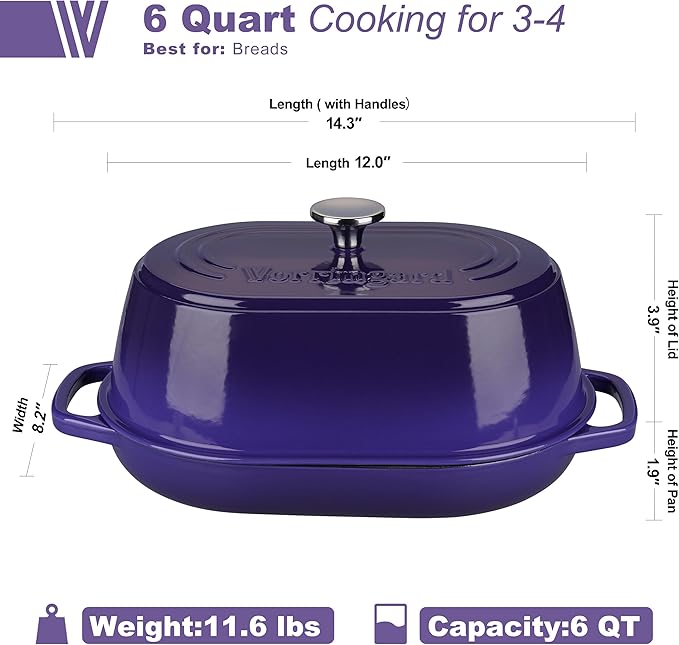 Enameled Cast Iron Dutch Oven Pot with Dome Lid, Oval Bread Oven for Homemade Sourdough Bread Baking, Oven Safe up to 500째F, 6 Quart, Purple