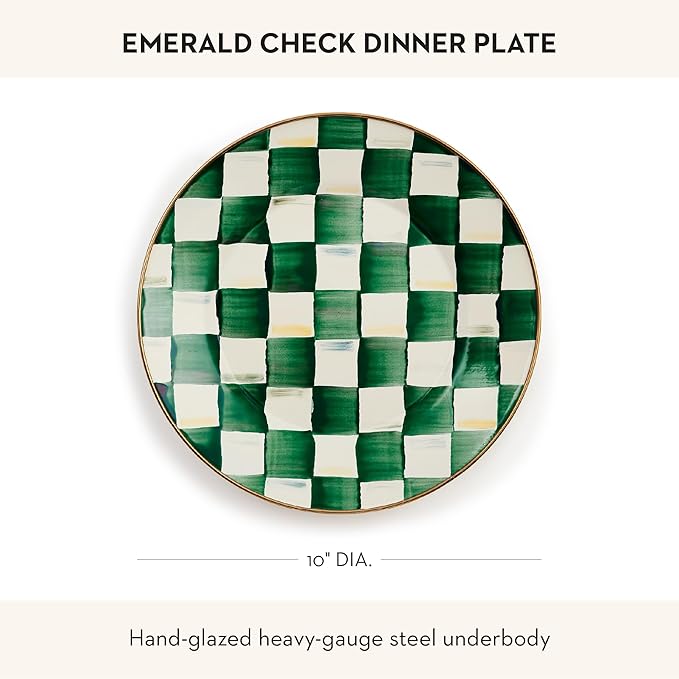 MACKENZIE-CHILDS Enamel Dinner Plate, Decorative Dinnerware Plate, 10 Inches, Green-and-White Emerald Check