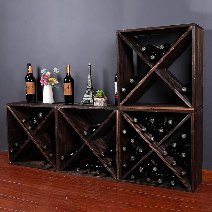 Wine Rack countertop Wooden Stackable Storage Rustic Retro Style Cube 24-Bottle Wooden Wine Rack Wine Cabinet (Dark Brown)