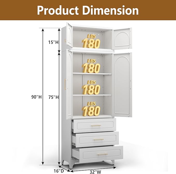 Kitchen Pantry Cabinet with 3 Drawers, 90" Tall Metal Storage Cabinets with Doors and Shelves, Food Cupboards for Dining, Living Room, 16" D x 32" W x 90" H, White, Assembly Required