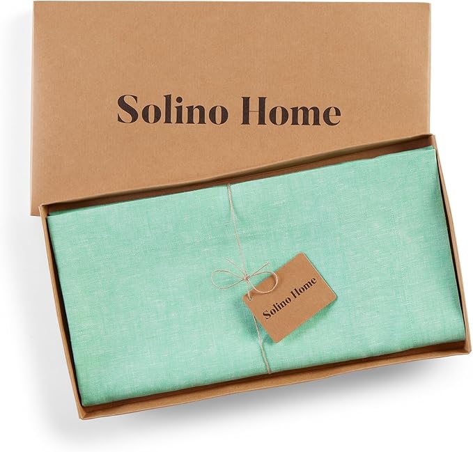 Solino Home Linen Cloth Tablecloth 52 x 52 Inch - 100% Pure Linen Chambray Aqua Square Tablecloth - Athena, Machine Washable Table Throw for Winter, Spring, Easter