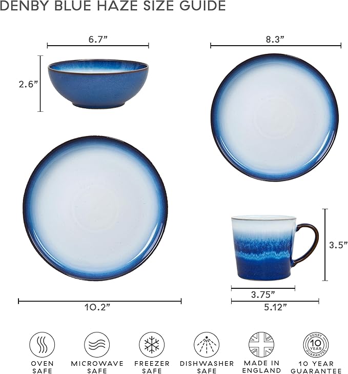 Denby - Blue Haze Large Coffee Mug Set of 4-13.5 Ounce Stoneware Tea Mug Set For Office & Home - Dishwasher Safe, Microwave Safe - Ceramic Tea Cups With Blue White Glaze