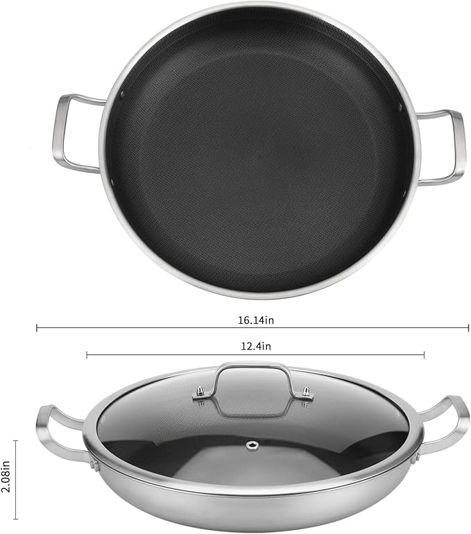 Tri-Ply Stainless Steel Paella Pan Large Saute Pan with Lid (Stainless Steel, Hybrid 12INCH)