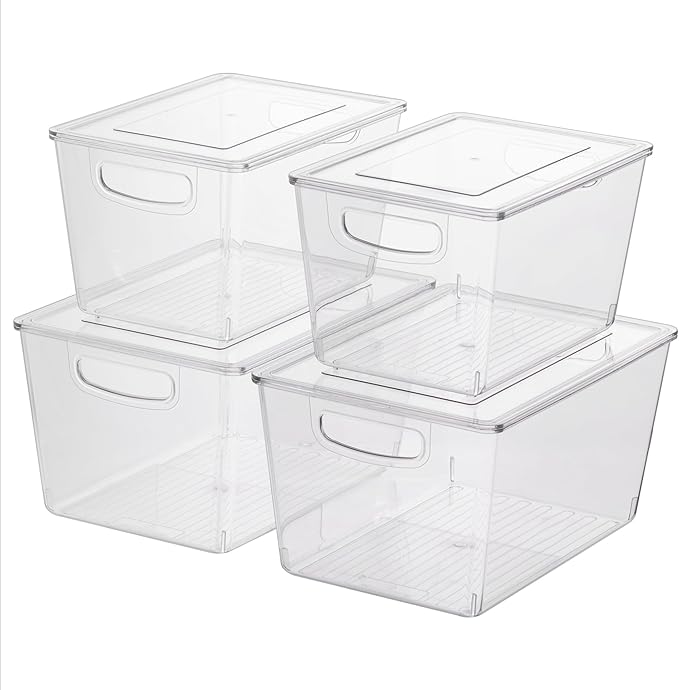 Navaris Fridge Storage Containers with Lids - Stackable Space-Saving Organizers - Large Capacity for Kitchen Pantry Organization - Set of 4 (3QT/4.9QT - 2.85L/4.6L)