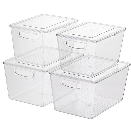 Navaris Fridge Storage Containers with Lids - Stackable Space-Saving Organizers - Large Capacity for Kitchen Pantry Organization - Set of 4 (3QT/4.9QT - 2.85L/4.6L)