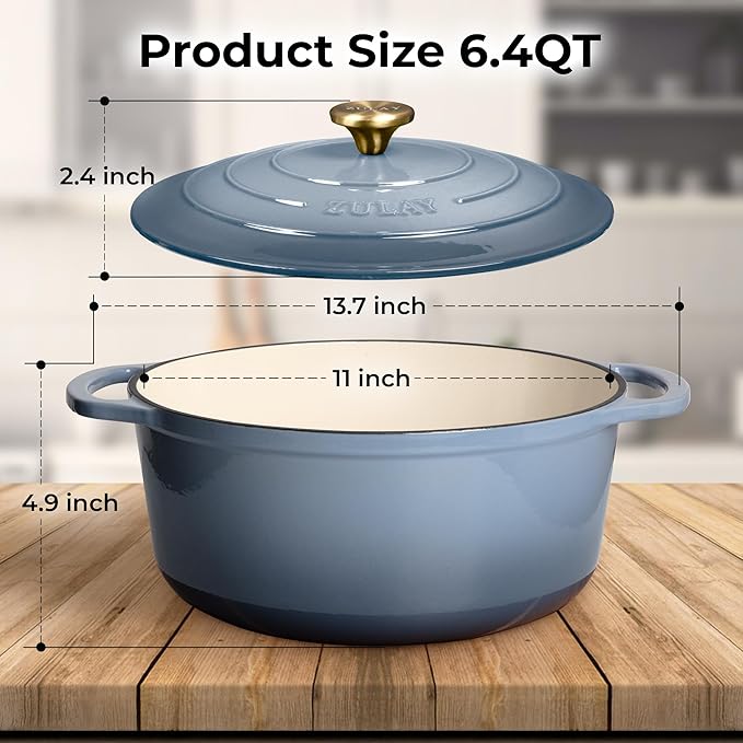 Zulay Kitchen 6 Quart Enameled Cast Iron Dutch Oven Pot with Lid ??Premium Durability & Oven Safe up to 500째F ??Heavy Duty Cookware Perfect for Bread Baking, Stews, Braising & Roasting - Aquamarine