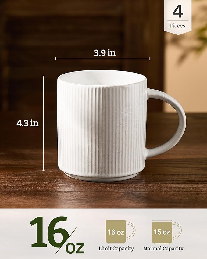 famiware Coffee Mug Set for 4, Star 16 oz Catering Mugs Cup Set with Handle for Coffee, Tea, Cocoa, Milk - Ceramic Stoneware Drinkware Set, Matte White