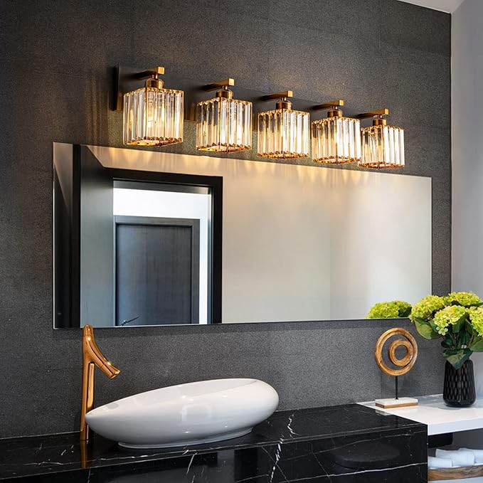 Modern Bathroom Vanity Light 5-Lights Black Gold Crystal Bathroom Wall Light Vanity Light Fixturesï¼?6.22-inch Modern Minimalist Design