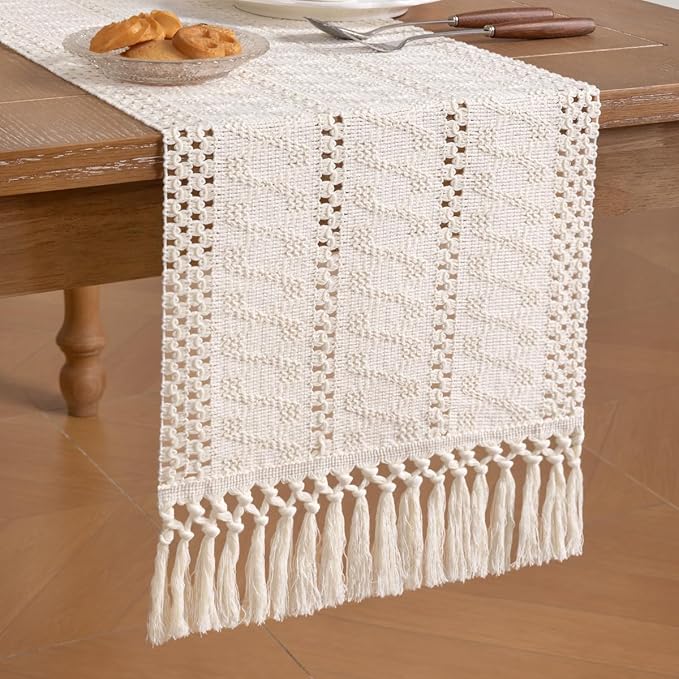 Socomi Boho Table Runner Valentine's Day Farmhouse Rustic Dining Kitchen Centerpiece Decor Small Macrame Woven Cotton Linen Coffee Table Runner for Dresser Scarf Home Decor 12x48 inch Cream Ivory