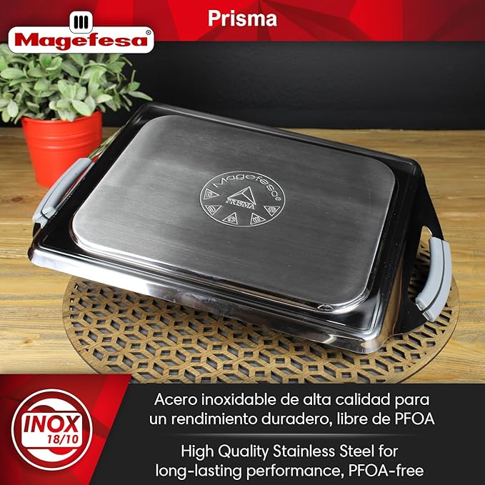 Magefesa Prisma 10.8-inch Teppanyaki Griddle Pan, made of 18/10 Stainless Steel, Triple Layer Nonstick Coating, Suitable for all types of Stovetops, Dishwasher & Oven Safe up to 392 쨘F