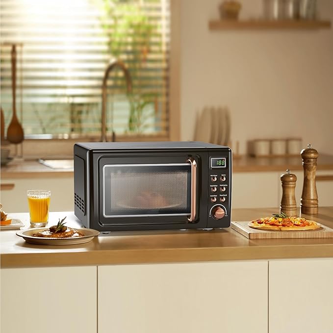LDAILY 0.7Cu.ft Retro Small Microwave Oven, 700W Compact Countertop Microwave with 5 Power Levels, Auto Cooking Menus, Glass Turntable, Child Lock & Glass Turntable for Apartment, Dorm (Golden)