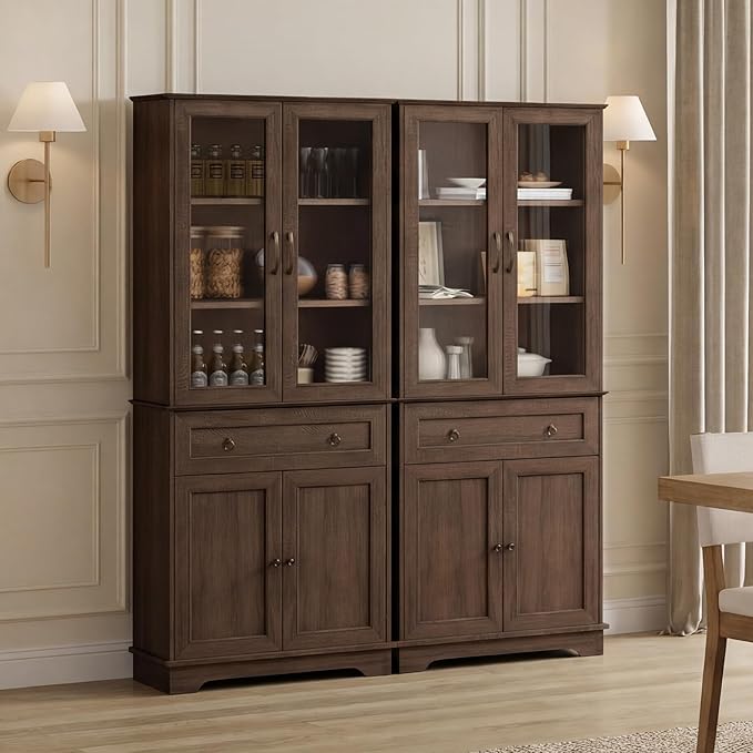 Set of 2 72" Tall Kitchen Pantry Storage Cabinets with Glass Doors and Drawer, Farmhouse Cupboards with Adjustable Shelves, Freestanding Food Pantries for Kitchen, Dining Room, Brown
