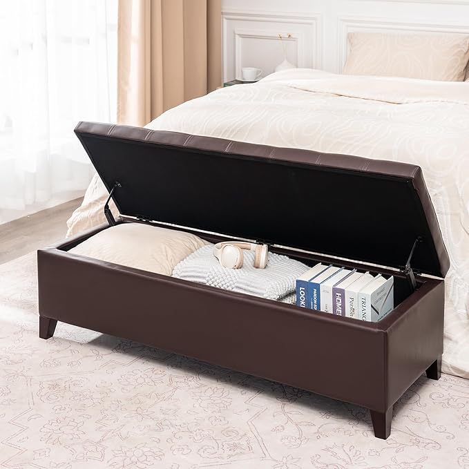 DECO DE VILLE Ottoman with Storage, 51 Inch Large Ottomans Storage Bench,Faux Leather Upholstered End of Bed Bench with Hinged Lid, Long Foot Rest Stool for Living Room Bedroom, Brown