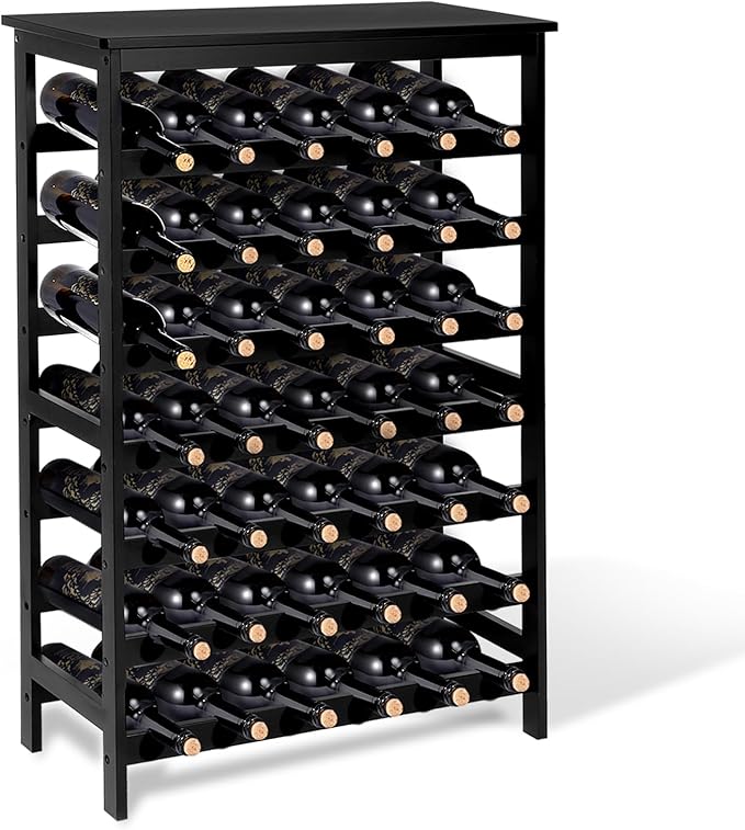 Bamboo Wine Rack Freestanding Floor, 7-Tier 42-Bottle Wine Storage Shelf with Table Top - Black