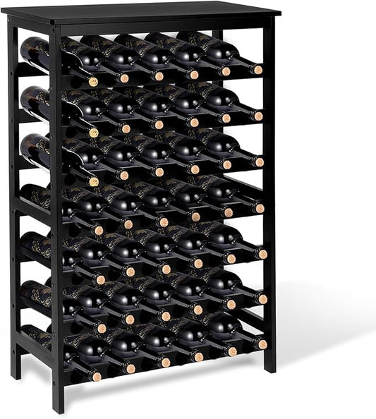 Bamboo Wine Rack Freestanding Floor, 7-Tier 42-Bottle Wine Storage Shelf with Table Top - Black