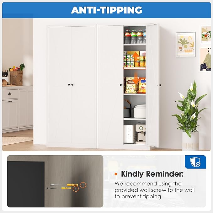 INTERGRAET 63" H Pantry Cabinet, Kitchen Pantry Storage Cabinets with 2 Doors and 4 Shelves, White Metal Storage Cabinet,Cupboard for Home,Kitchen,Living Room/Dining