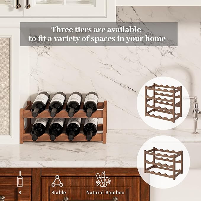 Wine Rack竊똁amboo Wine Storage Cabinet Shelf竊똂ountertop Wine Shelf- Freestanding Wine Holder for Kitchen & Pantry (Brown, 2-Tier)