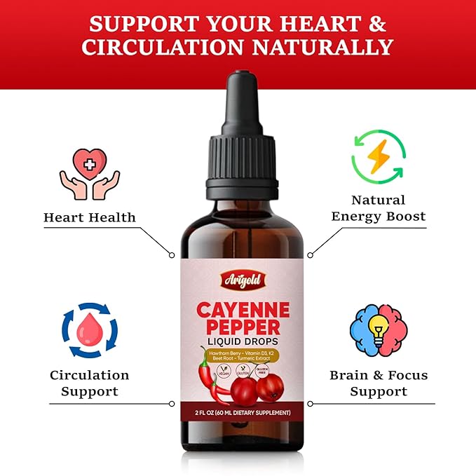 Arigold Cayenne Pepper Drops ??Circulation & Energy Support Liquid Supplement with Hawthorn Berry, Beet Root, Turmeric, Vitamins D3 + K2, Ceylon Cinnamon, Berberine & Ginseng ??Vegan, Non-GMO, 2 fl oz