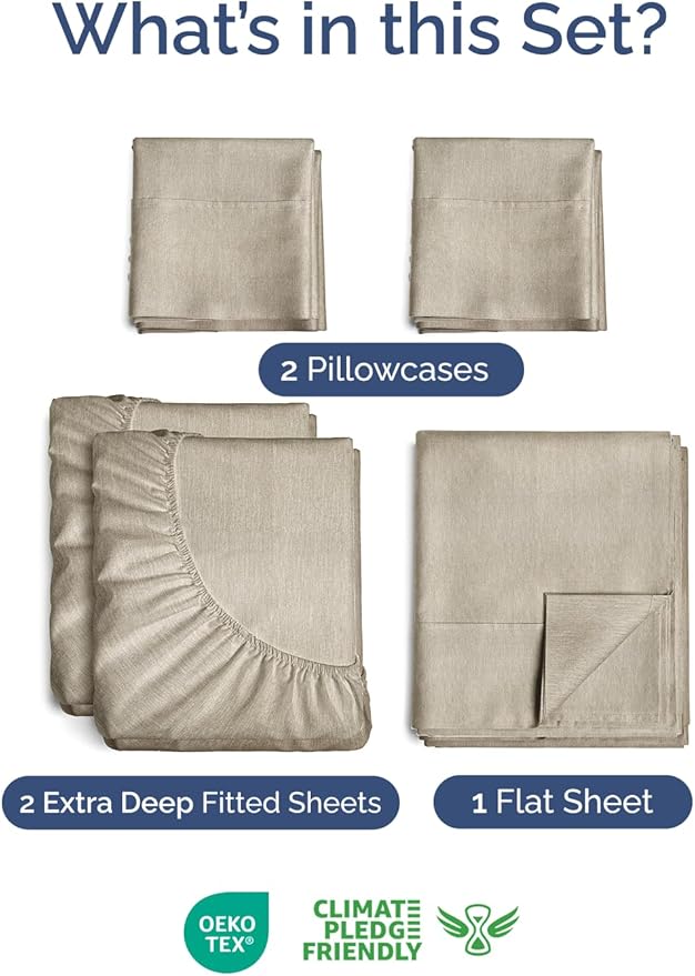 Extra Deep Pocket Split King Sheets - 5 Piece Breathable & Cooling Bed Sheets - Hotel Luxury Bed Sheet Set - Soft, Wrinkle Free & Comfy - Easily Fits Extra Deep Mattresses - Heathered Beige Sheets Set