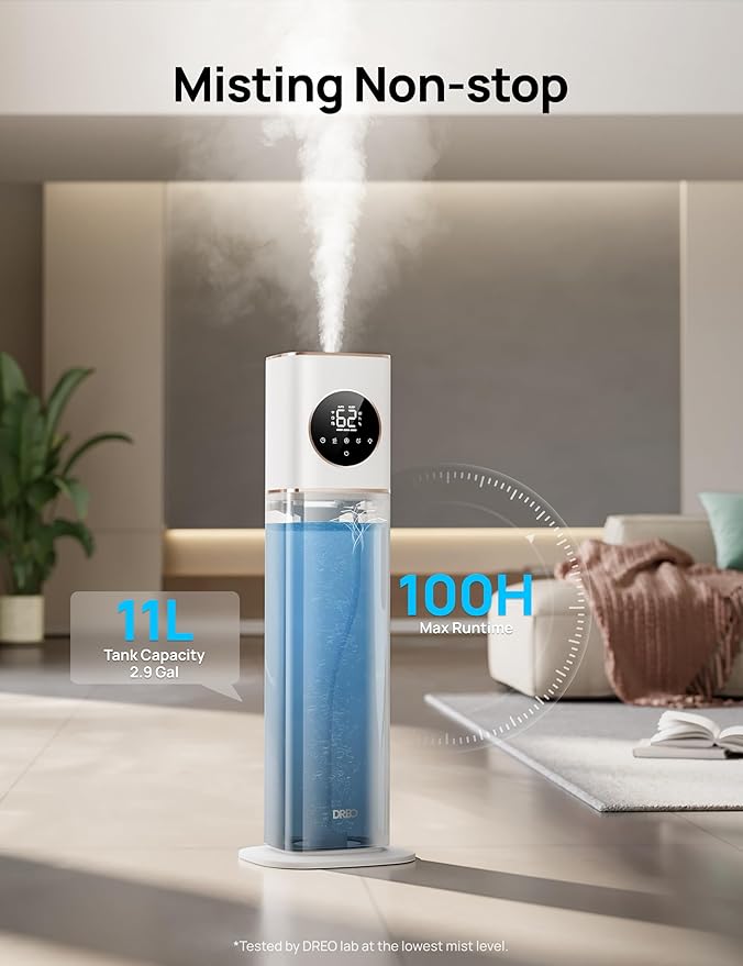 Dreo HM735S 11L Smart Humidifier Large Room 700 ft짼, 100H Cool Mist Air Humidifiers for Bedroom, Top-Fill Self-Cleaning Tank, 26dB, Auto Mode, Aroma Box, RGB Light, Remote & APP Control, Baby, White