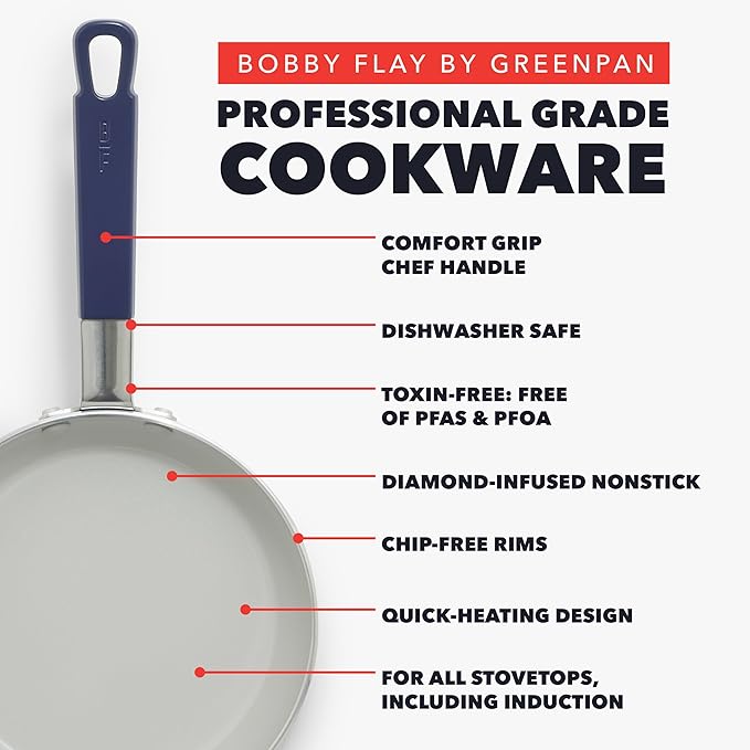 GreenPan x Bobby Flay 2 Piece- 8??and 10??Nonstick Frying Pan Skillet Set, PFAS-Free Diamond Ceramic, Induction Suitable, Stay-Cool Silicone Handle, Easy Clean Dishwasher & Oven Safe, Oxford Blue
