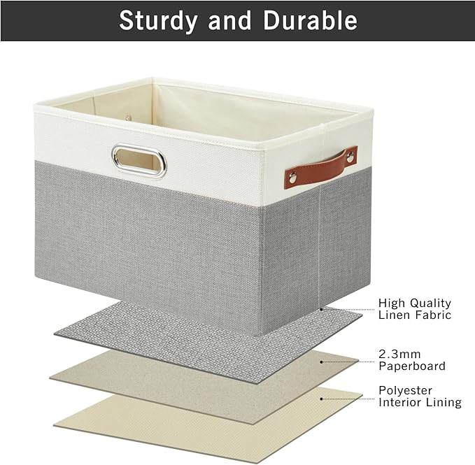 Bagnizer Large Collapsible Fabric Storage Bins with 3 Handles, Foldable Organizer Baskets for Closet, Shelves, Living Room | 3 Pack, Durable PU & Metal Handles (14.9"x9.8"x9.8", Gray & White)