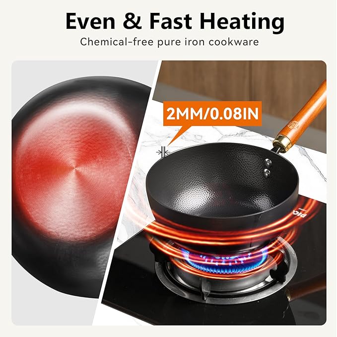 WANGYUANJI 8.7" Flat Bottom Iron Wok ??Small Stir Fry Pan with Wooden Lid, No Coating, Induction Compatible, Ideal for Everyday Cooking