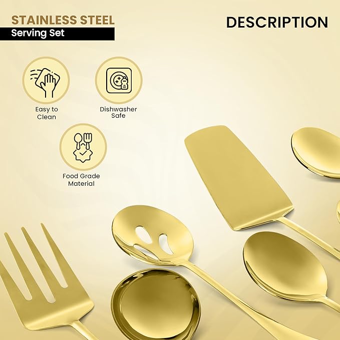 Avador짰 Premium Set of 8 Stainless Steel Hostess Serving Utensil Tool Set for Weddings | Buffer | Party | Kitchen | Restaurants (Gold Plated)