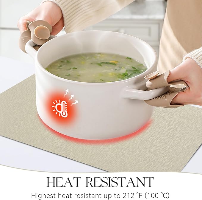 MOSAYT Vinyl Placemats Set of 4, Heat Resistant Place Mats 100% Waterproof Washable & Wipeable Faux Leather Reversible Table Mats for Kitchen Dining Party Indoor Outdoor, 12" x 17", Beige/Pink