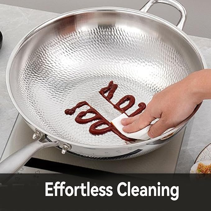Titanium Hammered Wok, No Coating Non-Stick Titanium Cookware, Frying Pans, Hammered Pan,Ultra-Durable, Scratch-Resistant, Even Heating Frying Pans, Safe for Oven,No lid,13.38in
