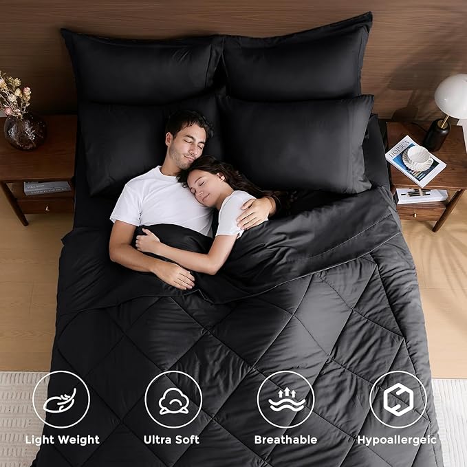 HEVUMYI Black Twin Comforter Set - 5-Piece All Season Bed in a Bag Twin, Ultra Soft Bedding Set with Comforter, Flat Sheet, Fitted Sheet, Pillowcases, Pillow Shams, Black