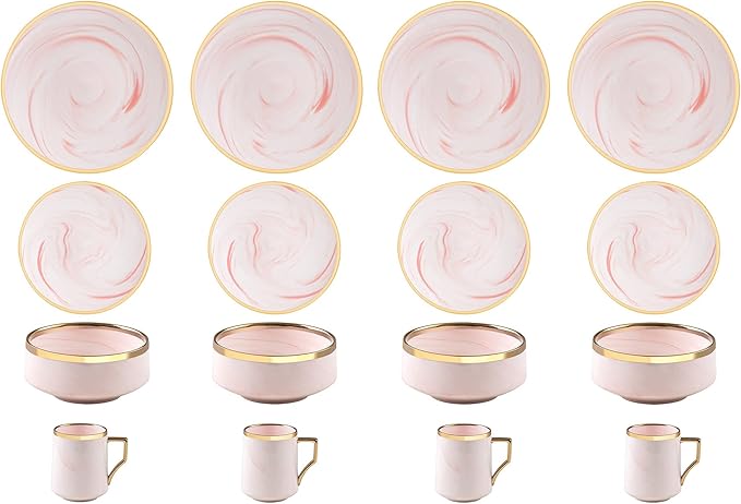 16 Piece Plates and Bowls Sets, Fine China Artisan Marbled Dinner Set for 4, Dishwasher Safe, Scratch Resistant, Pink with Gold Line