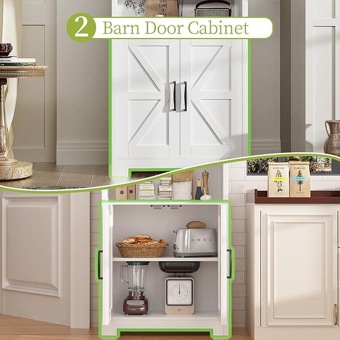 55" Tall Kitchen Pantry, Farmhouse Storage Cabinet with Doors, Shelves and Drawer, Rustic Wood Cupboard for Kitchen, Dining Room (White)