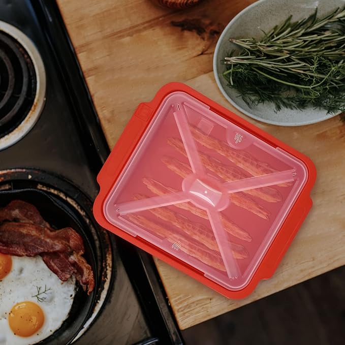 MMUGOOLER 2 Pack Microwave Easy Bacon Maker/Cooker with Lid, Safety, Quick and with No Mess, 11.3??L x 9.0" W x 2.4" H- Red