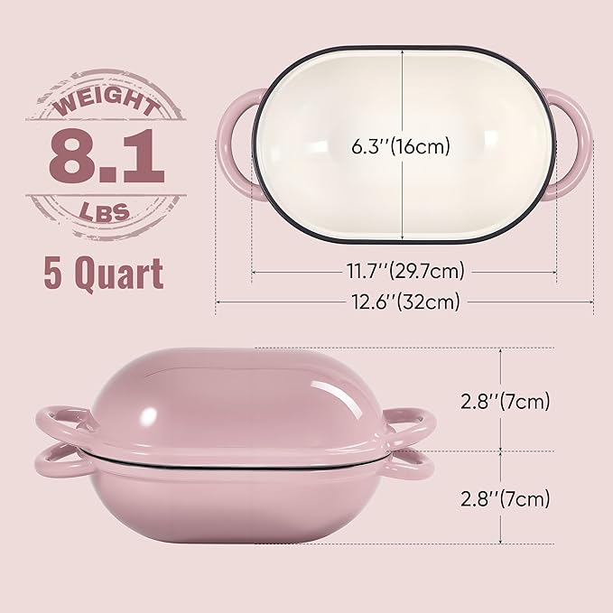 3 QT Oval Dutch Oven for Bread Baking, Enamelled Cast Iron Bread Oven for Sourdough, Sourdough Loaf Pan with Lid, Heavy-Duty Non Stick Bread Pan for Homemade Bread Baking, Pink