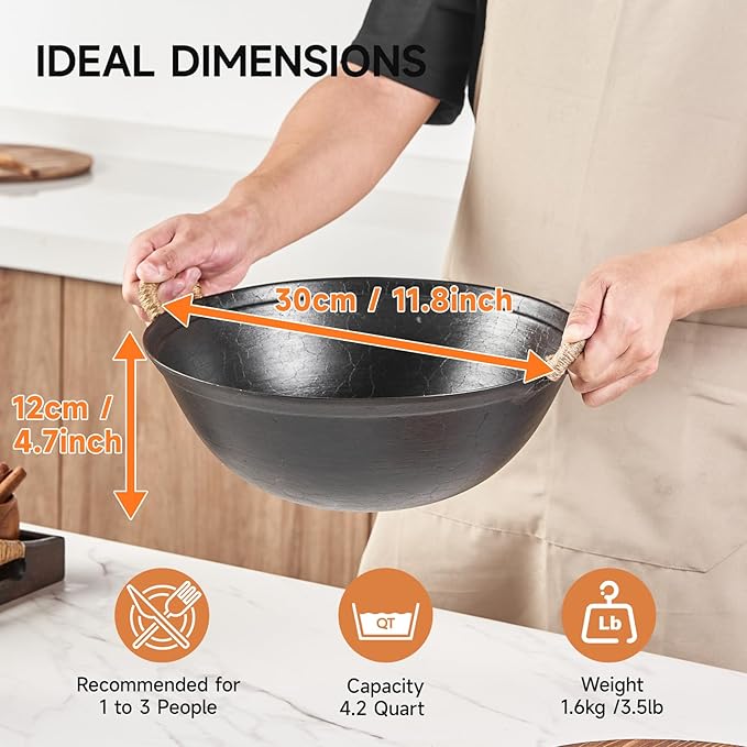 WANGYUANJI 11.8 Inch Handmade Cast Iron Wok with Dual Handles, Small Round-Bottom Chinese Wok for 1?? Servings, Uncoated Stir Fry Pan for Gas Stoves & Open Flame Cooking
