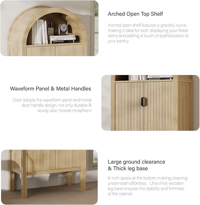 71" Tall Arched Fluted Storage Cabinet - Modern Pantry Cabinet with 4-Tier Shelves, Open Display & Sealed Storage, Accent Sideboard for Living Room Kitchen Dining Room (Natural Wood)
